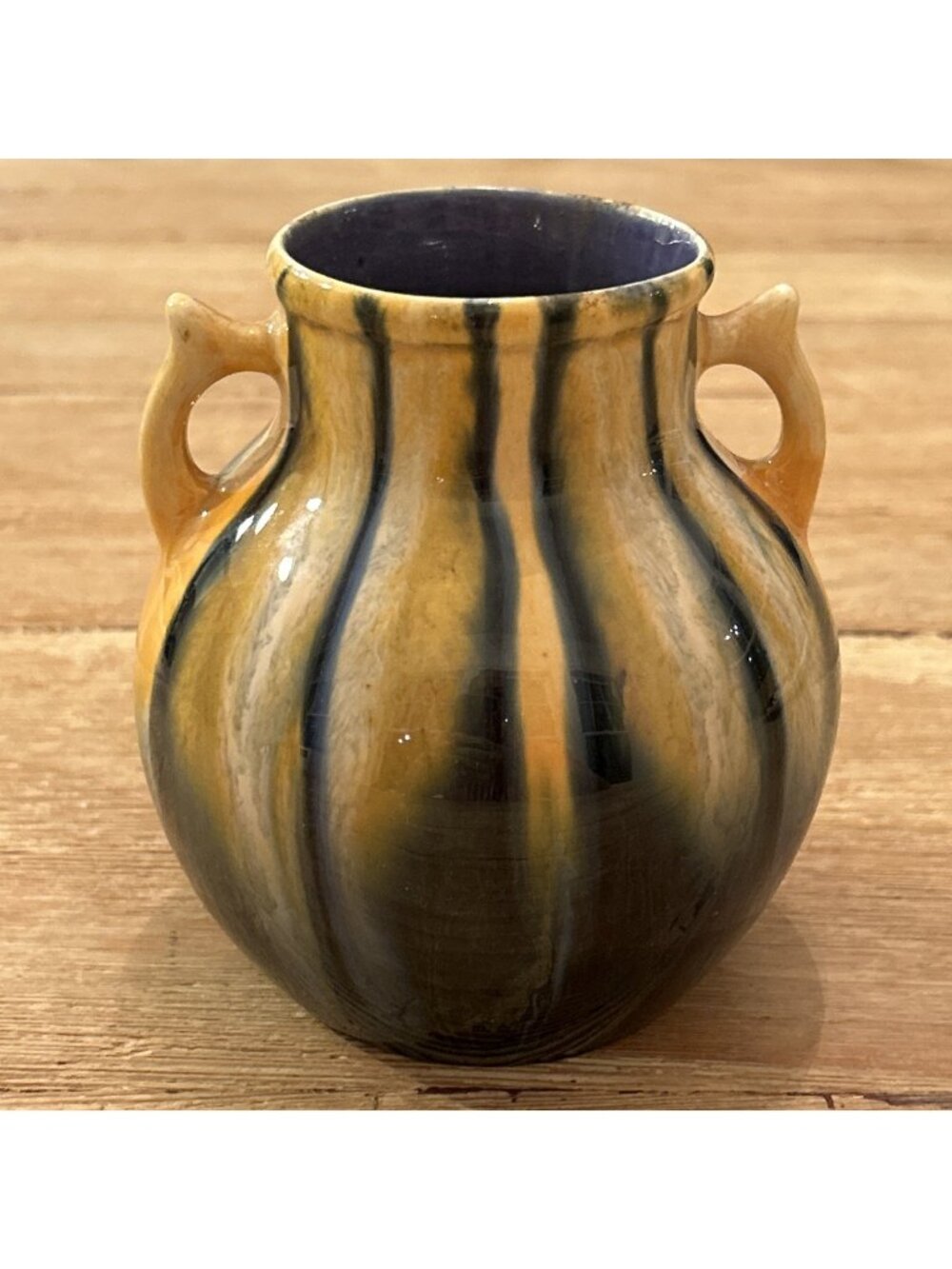 Coronet Czechoslovakia Double Handle Vase Glossy Drip Glaze Pottery Blue Yellow